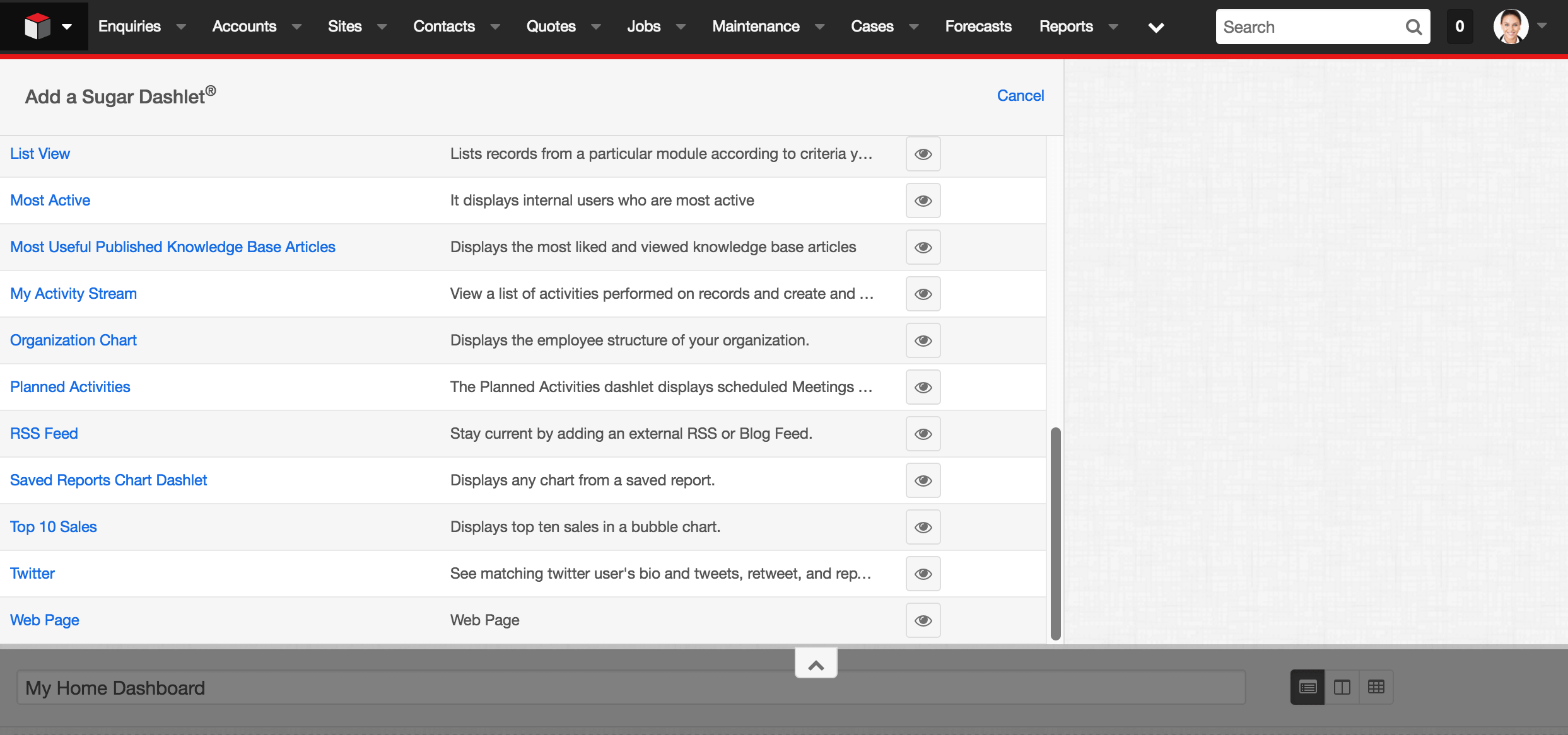 Dashlet options screen