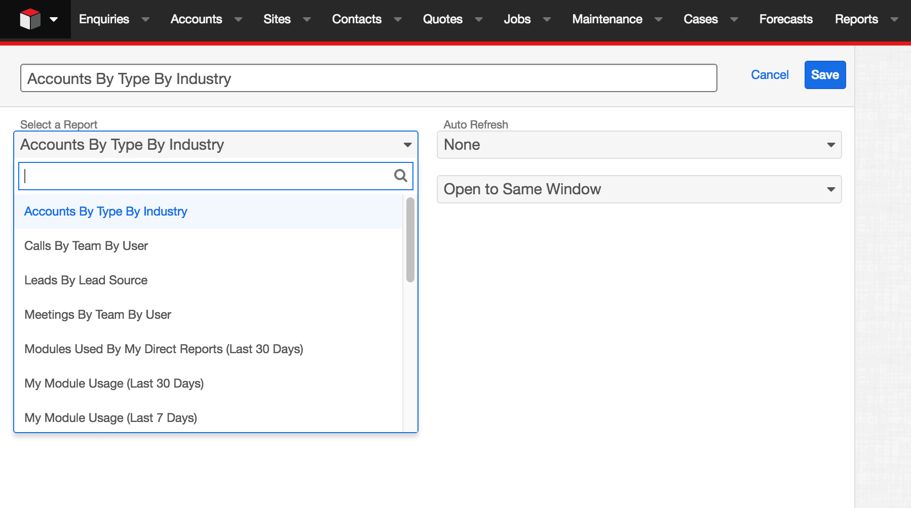 Select the drop-down and search for your report by typing it