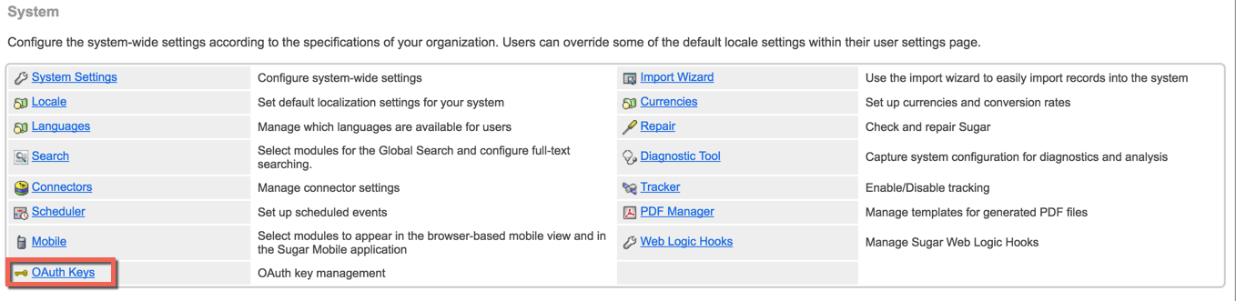 Navigate to Configure OAuth in SugarCRM